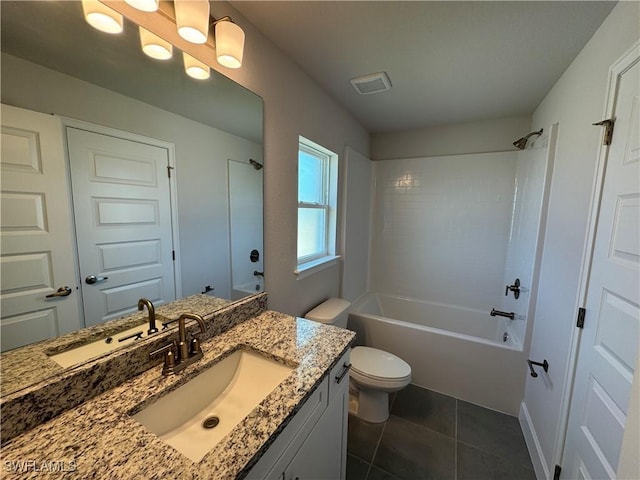 bathroom with vanity, tile patterned flooring, visible vents, toilet, and bathtub / shower combination