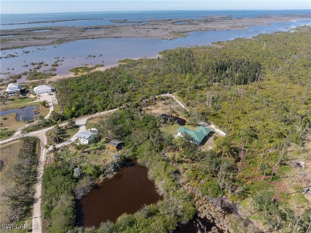 drone / aerial view with a water view