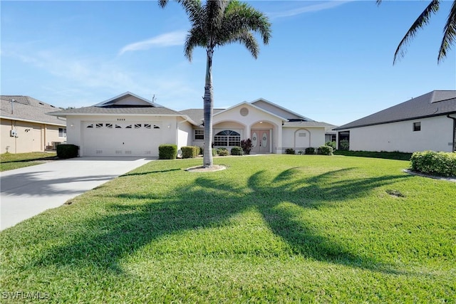 single story home with a garage and a front yard