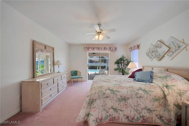 bedroom featuring ceiling fan, light carpet, and access to outside