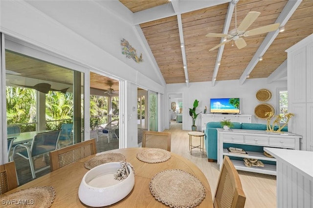 sunroom / solarium featuring vaulted ceiling with beams, a wealth of natural light, and wooden ceiling