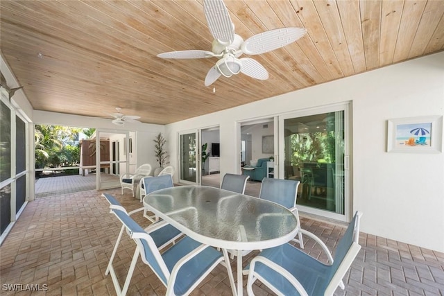 sunroom with wooden ceiling and ceiling fan