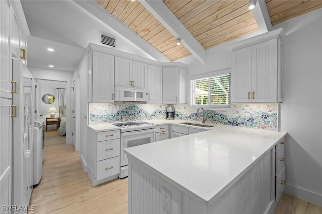 kitchen with sink, vaulted ceiling with beams, wooden ceiling, kitchen peninsula, and white appliances