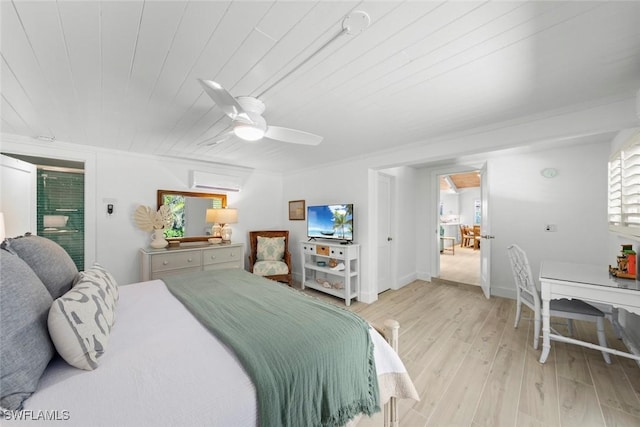 bedroom featuring ornamental molding, wood ceiling, ceiling fan, and light hardwood / wood-style floors