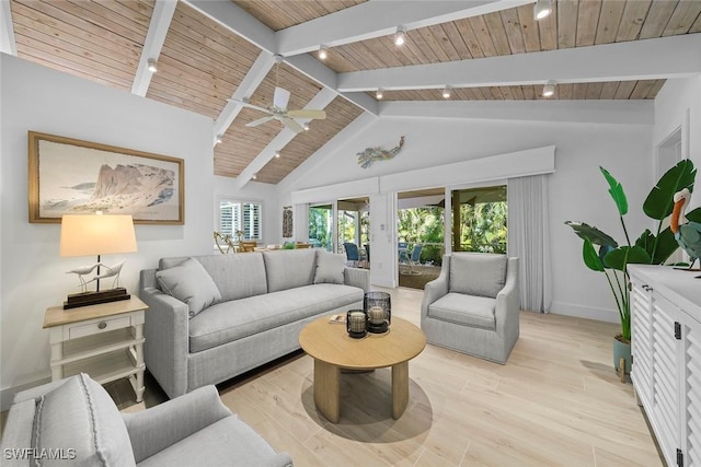 living room with beam ceiling, rail lighting, wooden ceiling, and light wood-type flooring