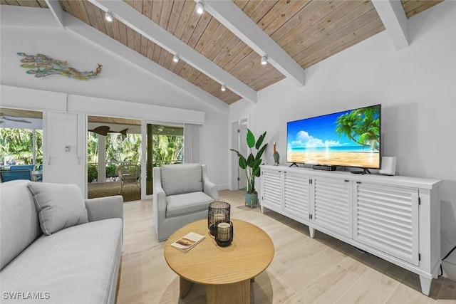 living room featuring beam ceiling, plenty of natural light, and wooden ceiling