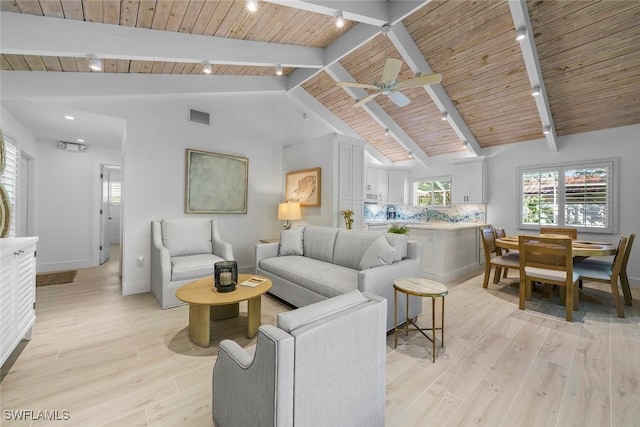 living room with vaulted ceiling with beams, wood ceiling, rail lighting, and light wood-type flooring