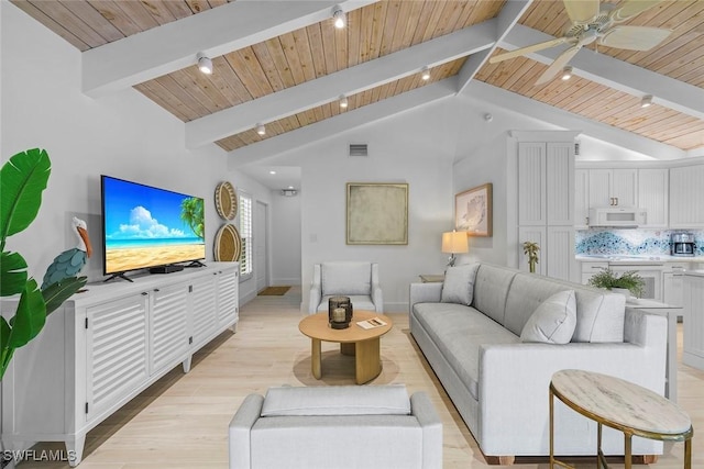 living room featuring vaulted ceiling with beams, wood ceiling, ceiling fan, and light wood-type flooring