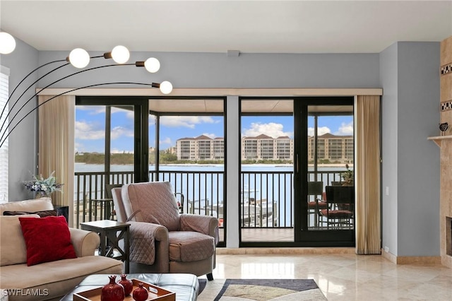 living room with a water view