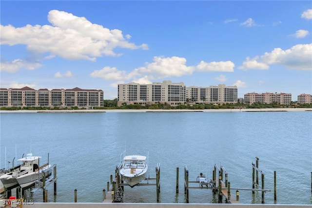 view of water feature with a boat dock