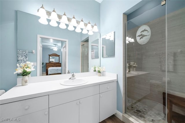 bathroom featuring vanity and a shower with shower door