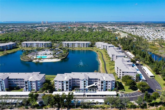 drone / aerial view featuring a water view