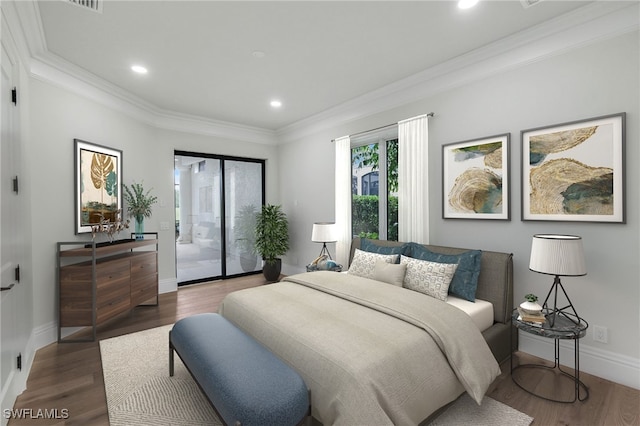 bedroom with wood-type flooring, access to outside, and crown molding