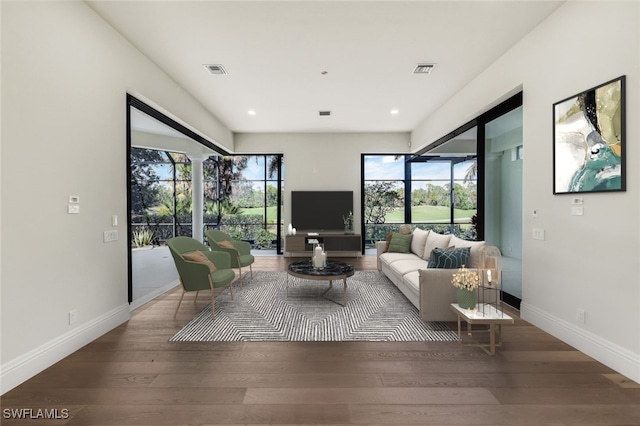 living room with dark hardwood / wood-style floors