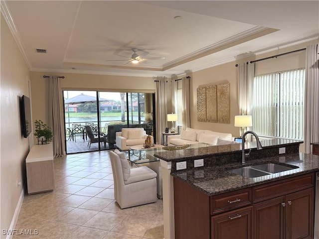 kitchen with sink, light tile patterned floors, dark stone countertops, a tray ceiling, and a healthy amount of sunlight