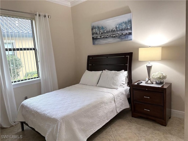 tiled bedroom with ornamental molding