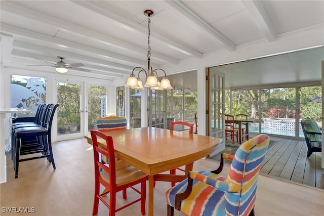 dining room featuring beam ceiling, french doors, ceiling fan, and light wood-type flooring