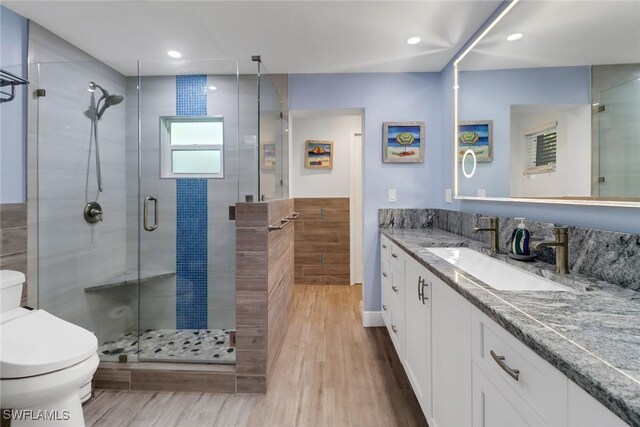 bathroom with a shower with door, vanity, wood-type flooring, and toilet