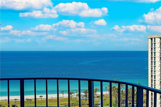 property view of water featuring a beach view