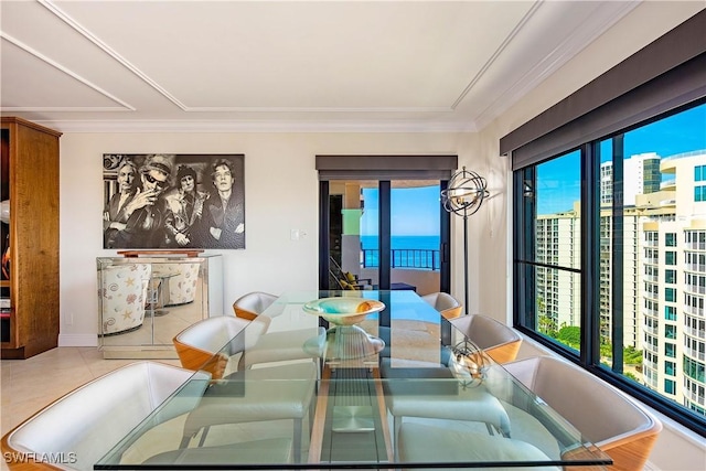 dining room with crown molding and a city view