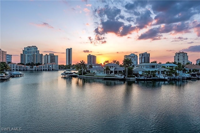 view of water feature with a view of city and a dock