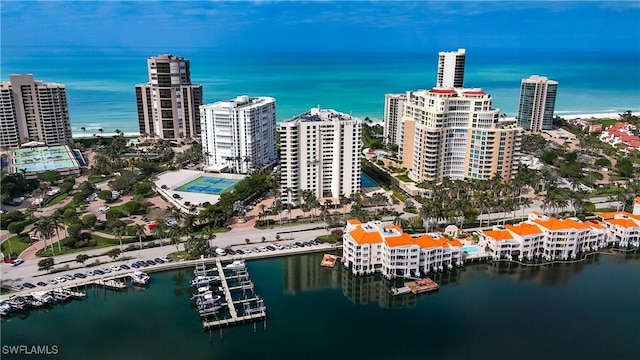 bird's eye view featuring a water view and a city view