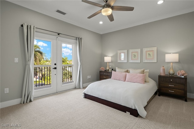 carpeted bedroom with french doors, ceiling fan, access to exterior, and crown molding