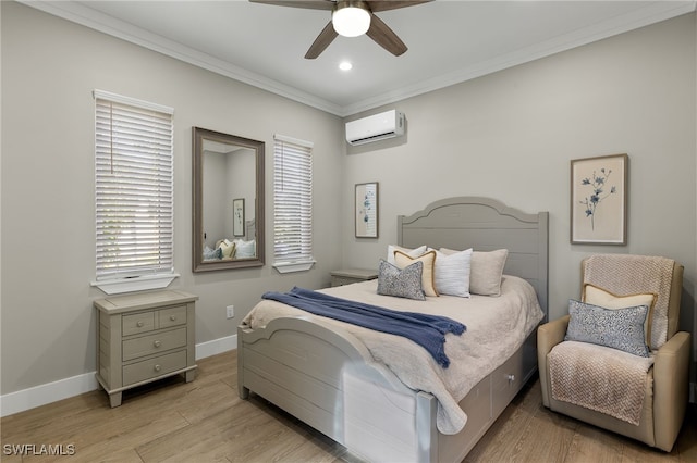 bedroom with ceiling fan, ornamental molding, a wall mounted air conditioner, and light hardwood / wood-style floors