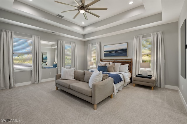 carpeted bedroom with a raised ceiling and multiple windows