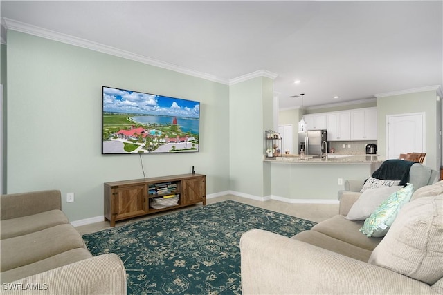 living room with ornamental molding