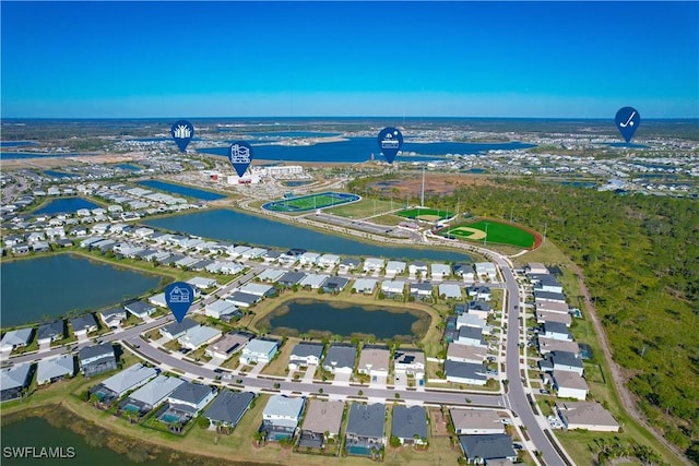 bird's eye view with a water view