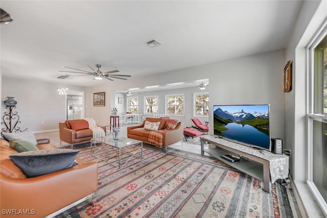 living room featuring ceiling fan