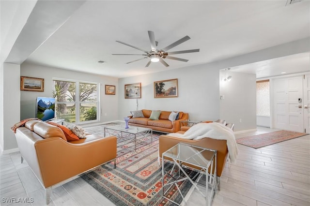 living room featuring ceiling fan and light hardwood / wood-style flooring