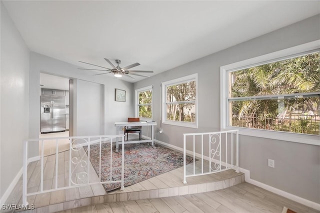 dining room with hardwood / wood-style flooring and ceiling fan