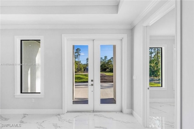 4091 56th Ave NE, Naples, FL 34120 - doorway with marble look tiles, baseboards, french doors, and ornamental molding