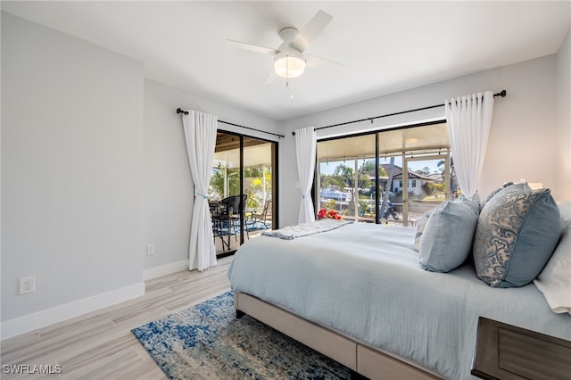 bedroom with ceiling fan, access to exterior, and light hardwood / wood-style flooring