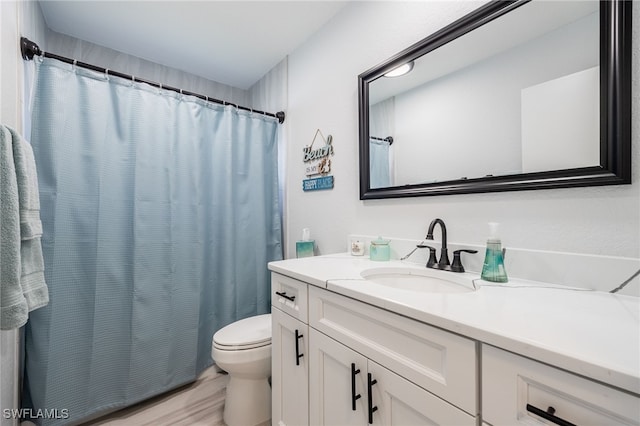 bathroom featuring vanity, hardwood / wood-style floors, and toilet