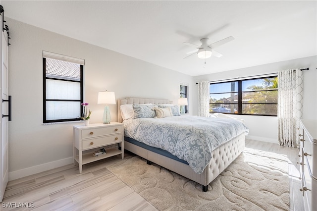 bedroom with ceiling fan and light hardwood / wood-style flooring