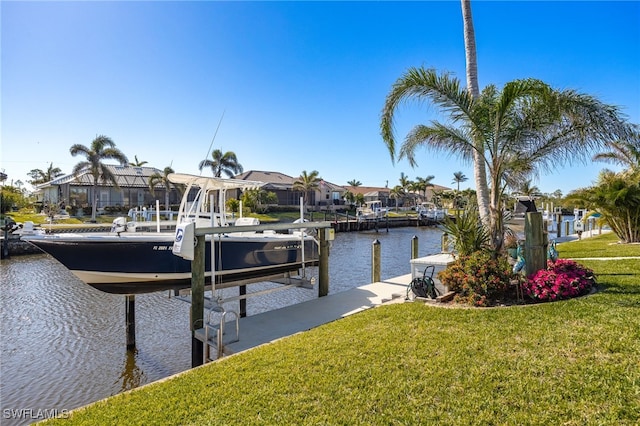 view of dock featuring a water view and a lawn