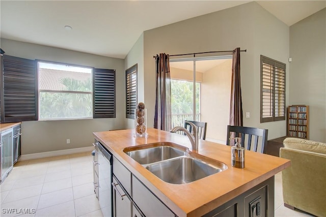 kitchen with a healthy amount of sunlight, lofted ceiling, sink, and a center island with sink