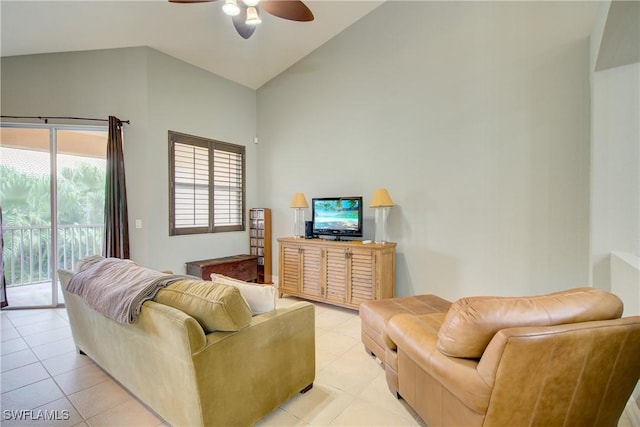 13911 Lake Mahogany Blvd Unit 2922, Fort Myers, FL 33907 - living area with ceiling fan, light tile patterned floors, and high vaulted ceiling