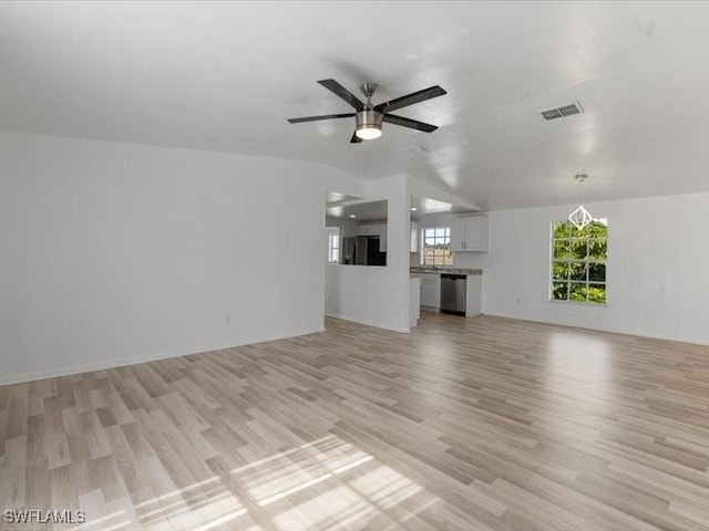 unfurnished living room featuring light hardwood / wood-style floors and ceiling fan