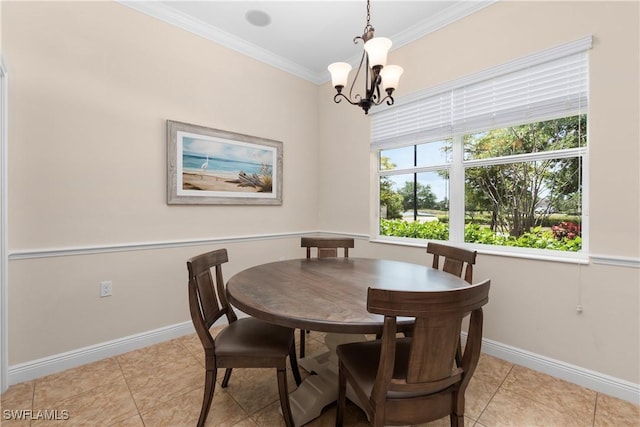 10696 Camarelle Cir, Fort Myers, FL 33913 - dining space with a chandelier, ornamental molding, baseboards, and light tile patterned floors