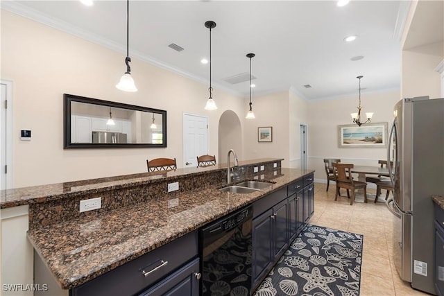 10696 Camarelle Cir, Fort Myers, FL 33913 - kitchen featuring dishwasher, freestanding refrigerator, a sink, crown molding, and light tile patterned floors