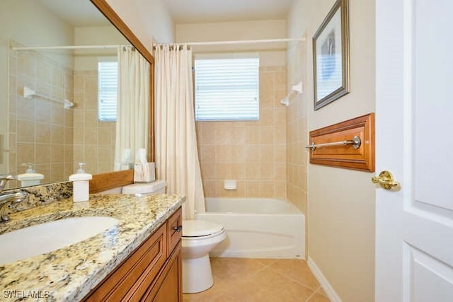 full bathroom with toilet, tile patterned floors, shower / bathtub combination with curtain, and vanity