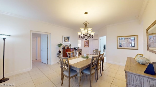 dining room featuring ornamental molding, light tile patterned flooring, and a notable chandelier