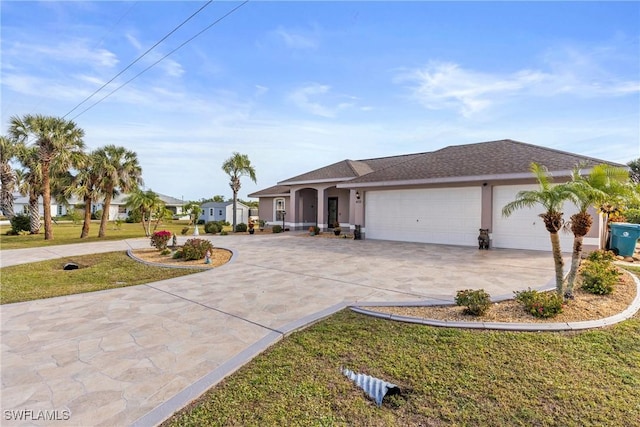 single story home featuring concrete driveway, an attached garage, a front lawn, and stucco siding