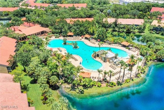 birds eye view of property featuring a water view