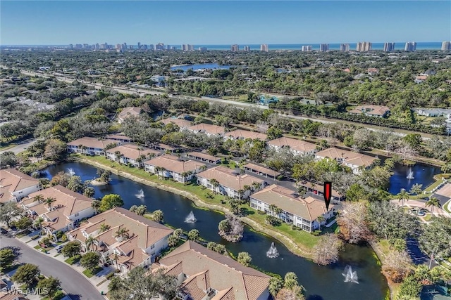 drone / aerial view featuring a water view