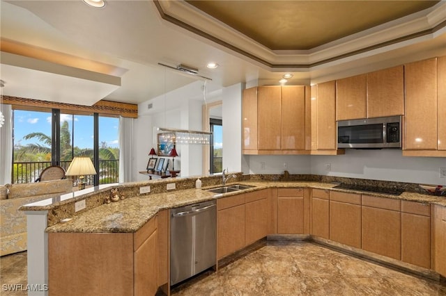 kitchen featuring appliances with stainless steel finishes, stone countertops, kitchen peninsula, sink, and a tray ceiling